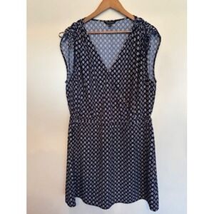 Banana Republic Navy Blue Geometric Faux Wrap Dress XL Tie Shoulder Sleeveless